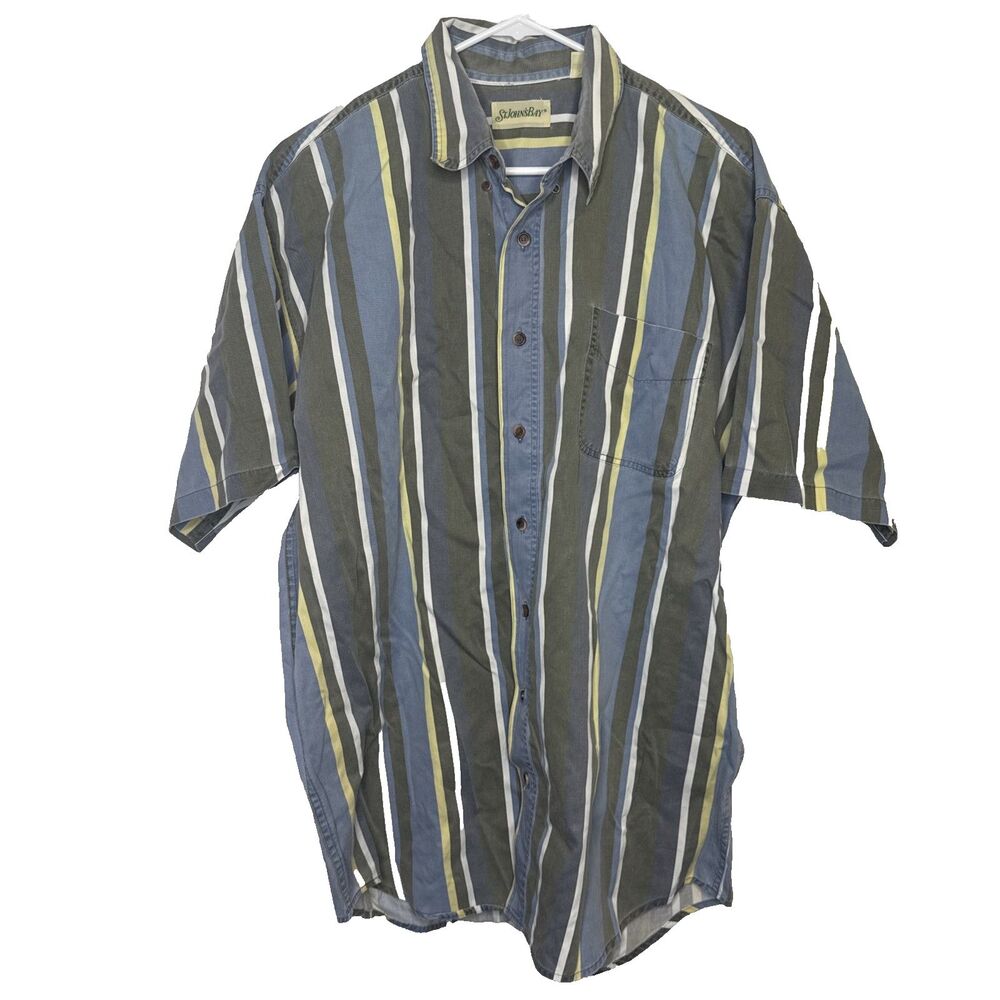 Vintage St Johns Bay Mens Large Tall LT Striped Cotton Short Sleeve Button Shirt